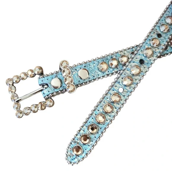 B.B. SIMON Alegra leather skinny Swarovski Crystal skinny belt blue metallic L - Picture 2 of 7
